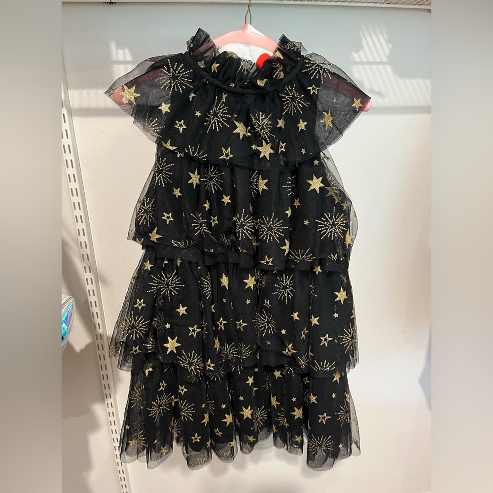 GB Girls Size M Black Layered Tulle Dress w/Gold Metallic Starry Designs